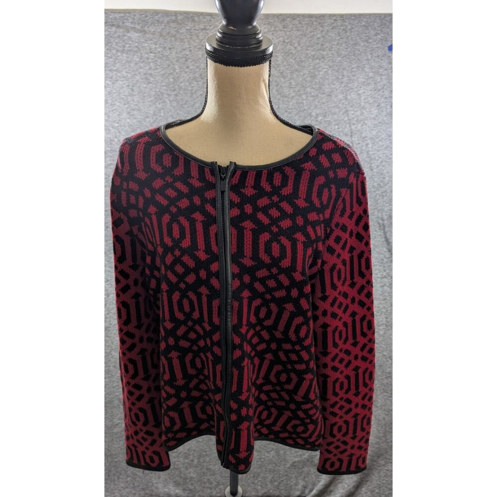 Chicos Women's Sweater Red and Black Faux Leather with Zipper Detail Size 3